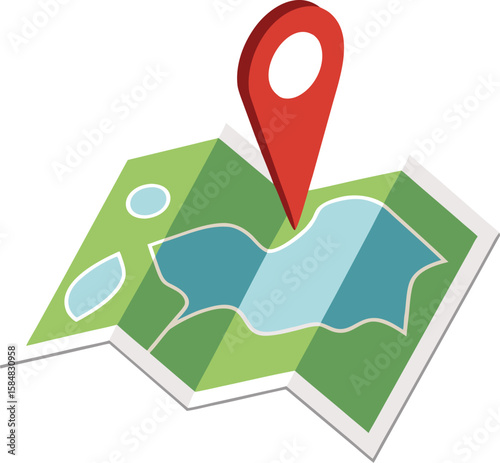 Red map pin on a folded paper map with blue lake and green land