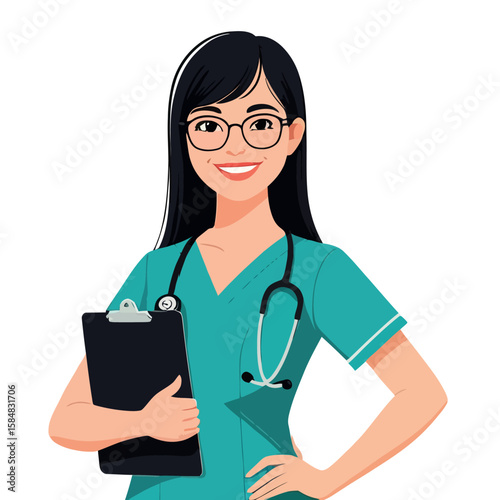 A female doctor or nurse holding a clipboard, smiling in a professional healthcare setting