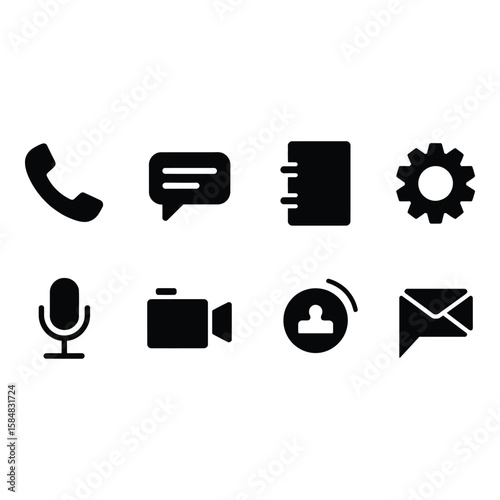 Collection of communication and media icons silhouette isolated on white background