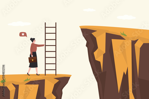 Improvement or brave to overcome difficulty or obstacle. Confident business woman holding ladder about to climb cross to higher cliff. Solution to solve problem,