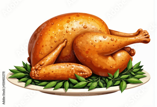 Roasted turkey on a platter garnished with green leaves  