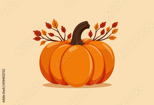Pumpkin with autumn leaves on a beige background  