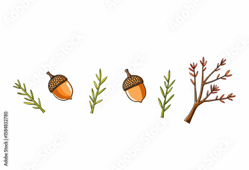 Acorns and branches illustration in colorful, hand-drawn style  