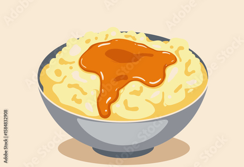 Bowl of mashed potatoes with gravy on light background  