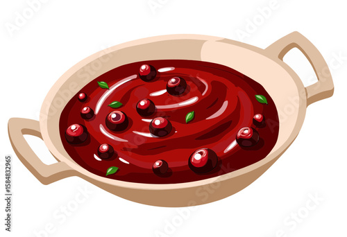 Cranberry sauce in a bowl with whole berries and green leaves  