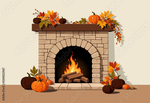 Cozy fireplace decorated with pumpkins and autumn leaves  