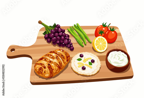 Assorted vegetables and chicken fillet on cutting board  