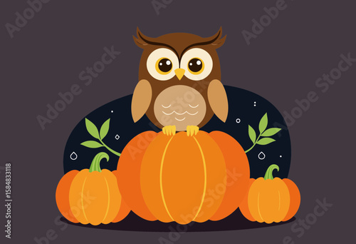 Cartoon owl sitting on pumpkins with leaves on dark background  