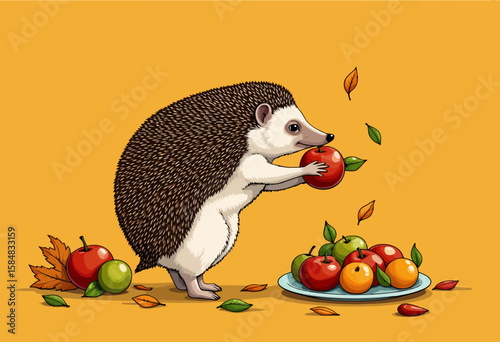 Hedgehog holding an apple surrounded by colorful fruits and leaves  