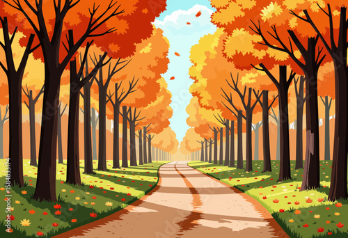 Autumn landscape with orange trees lining a peaceful pathway  