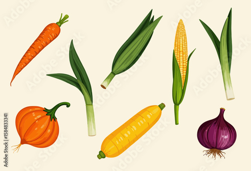Colorful hand-drawn vegetables including carrot, onion, and corn  