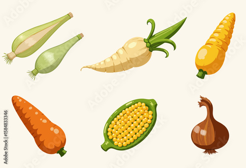Assorted vegetables including carrots, corn, zucchini, and onions  