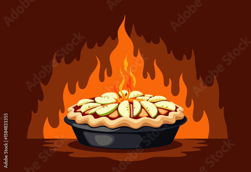 Delicious apple pie baking in an oven with flames in background  