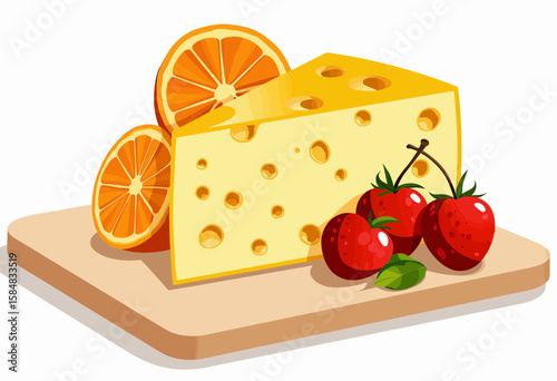 Cheese slice with strawberries and oranges on wooden cutting board  
