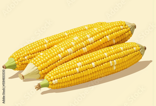 Fresh corn cobs stacked on a light yellow background  