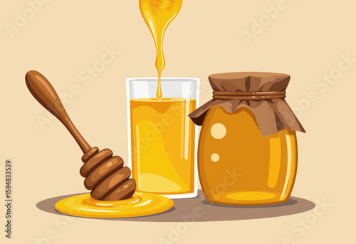 Honey jar and glass with dripping honey on beige background  
