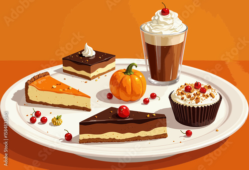 Assorted desserts including cheesecake, pumpkin, and hot drink on plate  