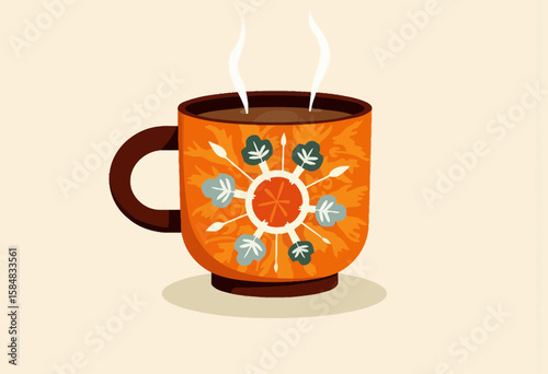 Decorative orange mug with steaming beverage on beige background  
