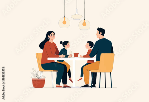 Family enjoying meal together at dining table in cozy home setting  