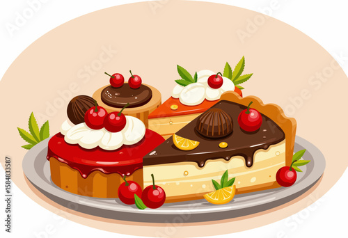 Colorful dessert platter with cakes and toppings on round tray  