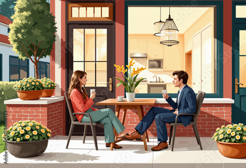 Couple enjoying coffee at outdoor café table in sunny environment  