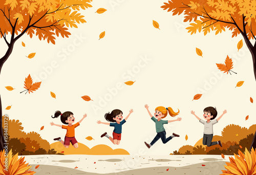 Children jumping and playing in autumn leaves in a park  