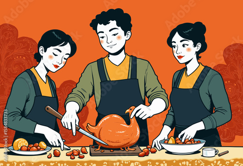 Three friends preparing and serving roasted turkey with vegetables  
