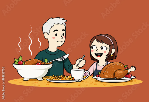 Father and daughter enjoying a festive dinner with turkey and sides  