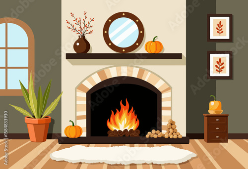 Cozy living room with fireplace and autumn decorations  