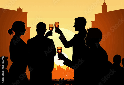 Group of people toasting with glasses at sunset in urban silhouette  