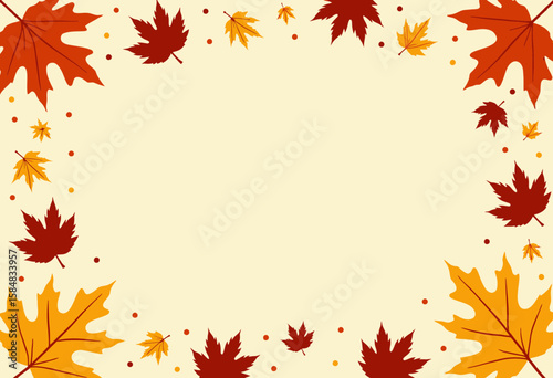 Colorful autumn leaves border on beige background for seasonal designs  