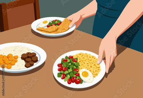 Woman serving healthy food on plates at the dining table  