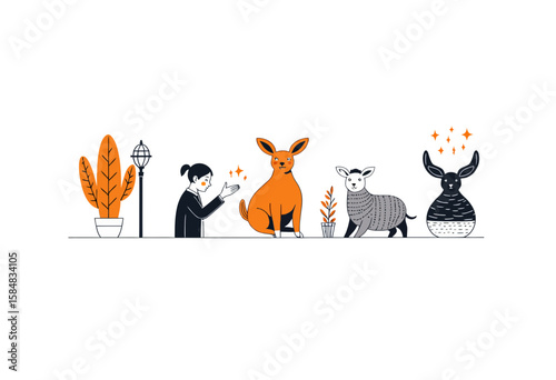 Illustration of woman interacting with various animals and plants  