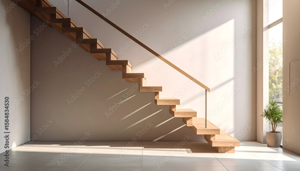 Fototapeta premium Modern interior staircase with bold architecture and warm sunlight casting shadows