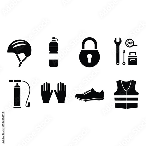 Collection of cycling safety and maintenance equipment silhouette isolated on white background
