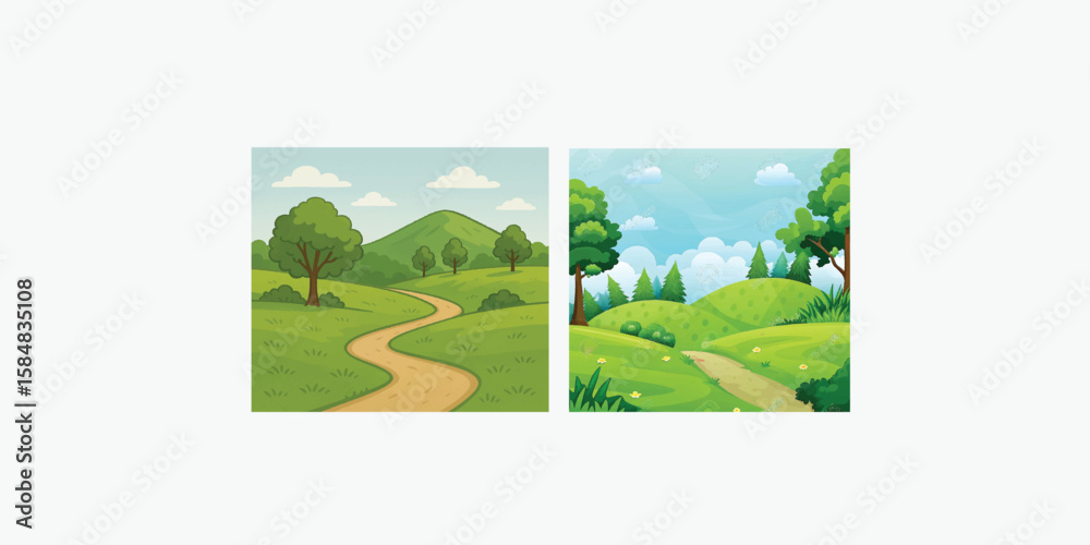 Fototapeta premium Print Beautiful nature landscape with green grass, hill, trees, and footpath vector illustration