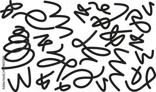 Abstract colorful scribble lines on black background in a playful, energetic style. Vibrant hand-drawn curves ideal for digital art, posters, and creative design. Fun, modern, and eye-catching visual.