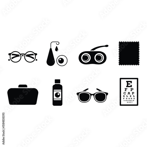 Collection of eye care and vision test symbols silhouette isolated on white background