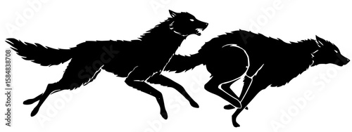 A black illustration of two wolves in full stride. Captures raw energy, wildness, and predatory motion. 