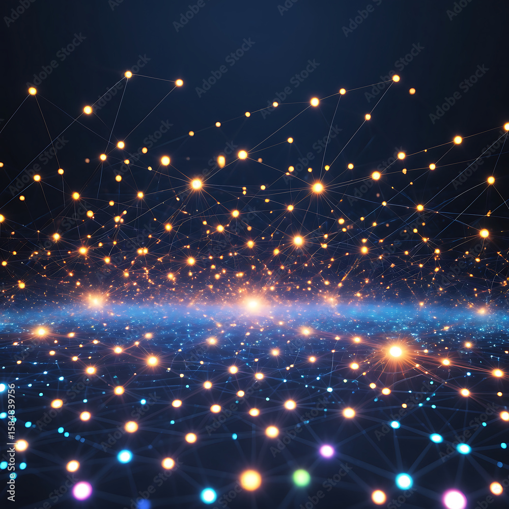 Fototapeta premium Glowing network nodes forming a vast interconnected digital landscape.