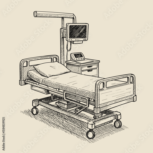 Hospital bed with monitor in medical setting and adjustable design  