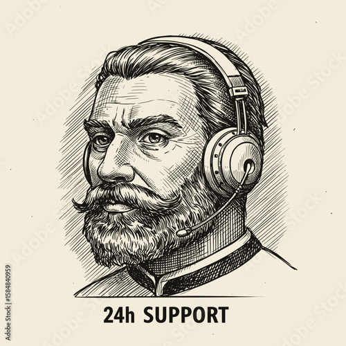 Man with headset providing 24h support in vintage illustration style  