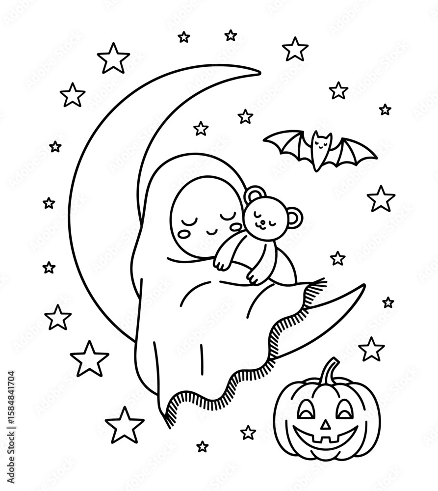 Obraz premium Cute Halloween ghost sleeping on moon, line art coloring page