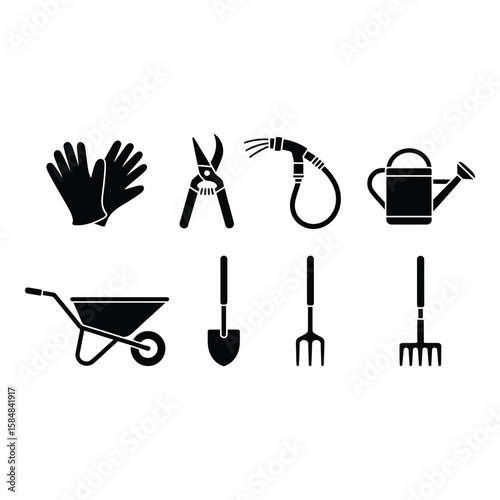 Collection of garden tools and equipment silhouette isolated on white background