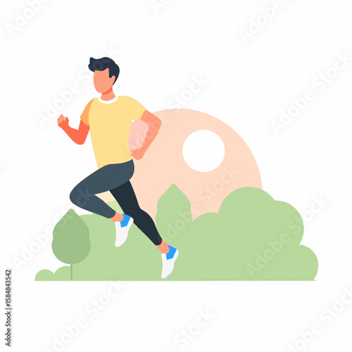 Flat vector of a man jogging in the morning against the background of sunrise