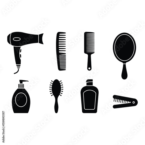 Collection of hair styling tools and products silhouette on white background isolated on white background