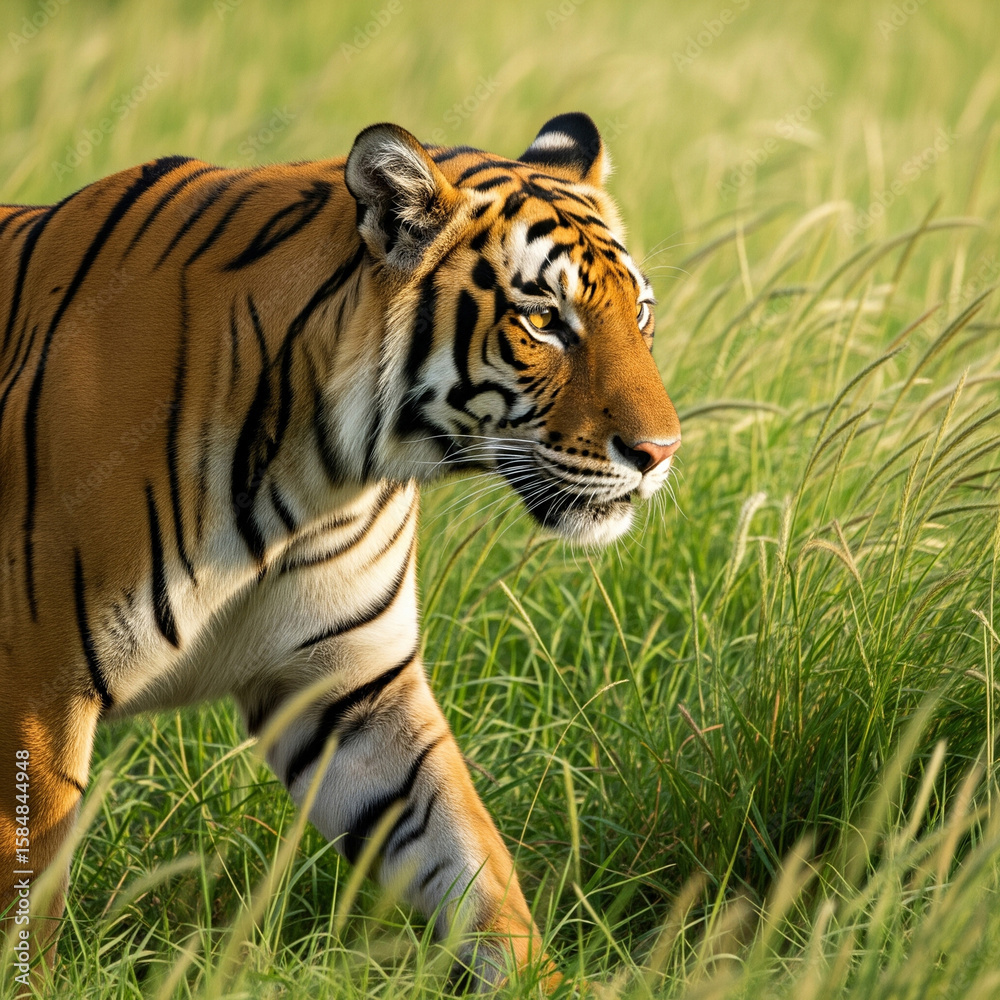 Fototapeta premium A fierce tiger walking through tall grass with intense gaze, captured from the side.
