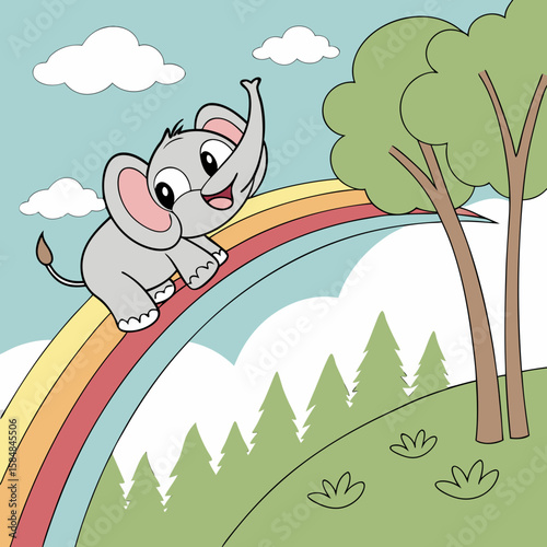 An elephant happily sliding down a colorful rainbow in a whimsical landscape with trees and clouds around it