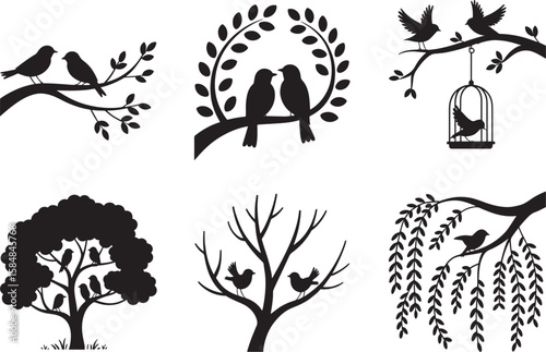 Collection of Silhouette Bird Illustrations on Branches, Whimsical Bird Designs and Tree Motifs for Crafts