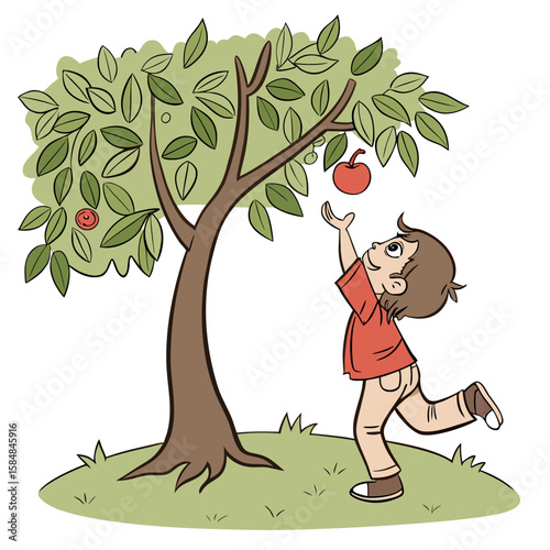 A young boy reaching up to pick a ripe red apple from a tree with green leaves on a grassy ground area